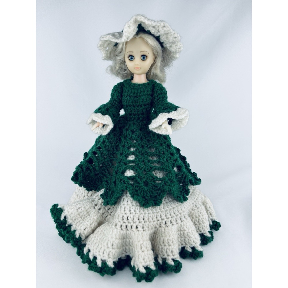 Vintage Bedroom Bed Doll Handmade Crocheted Full Layered Ruffled‎ Dress Hat